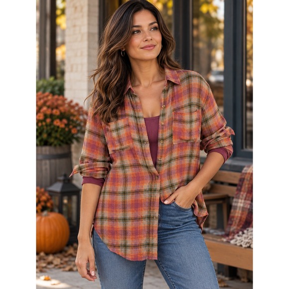 Pilcro Tops - Pilcro Plaid Button Down Shirt Medium Long Sleeve Pockets Orange Purple Anthro